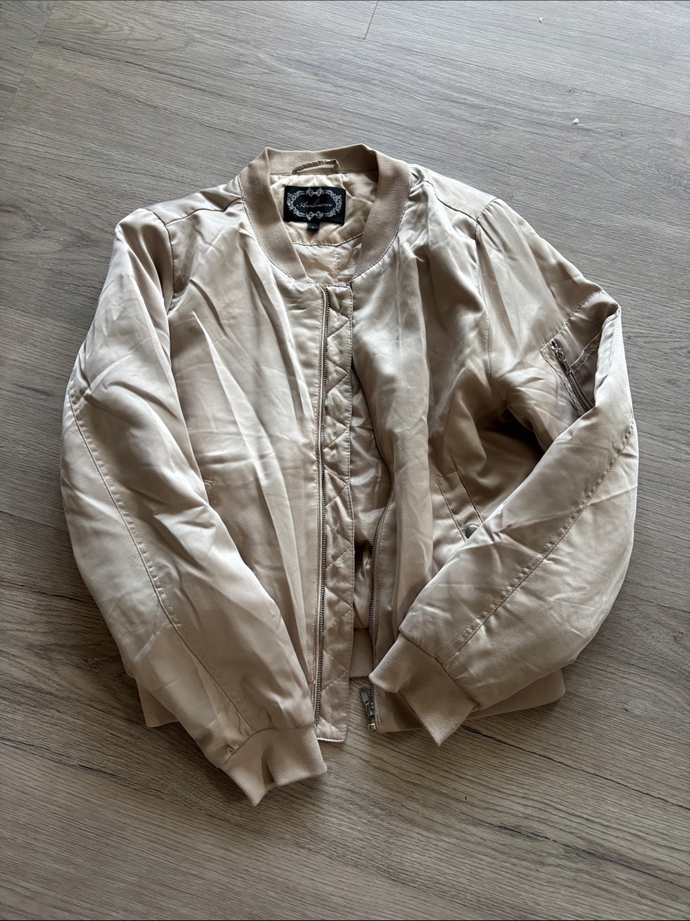 Ambiance Soft Beige Satin Bomber Jacket